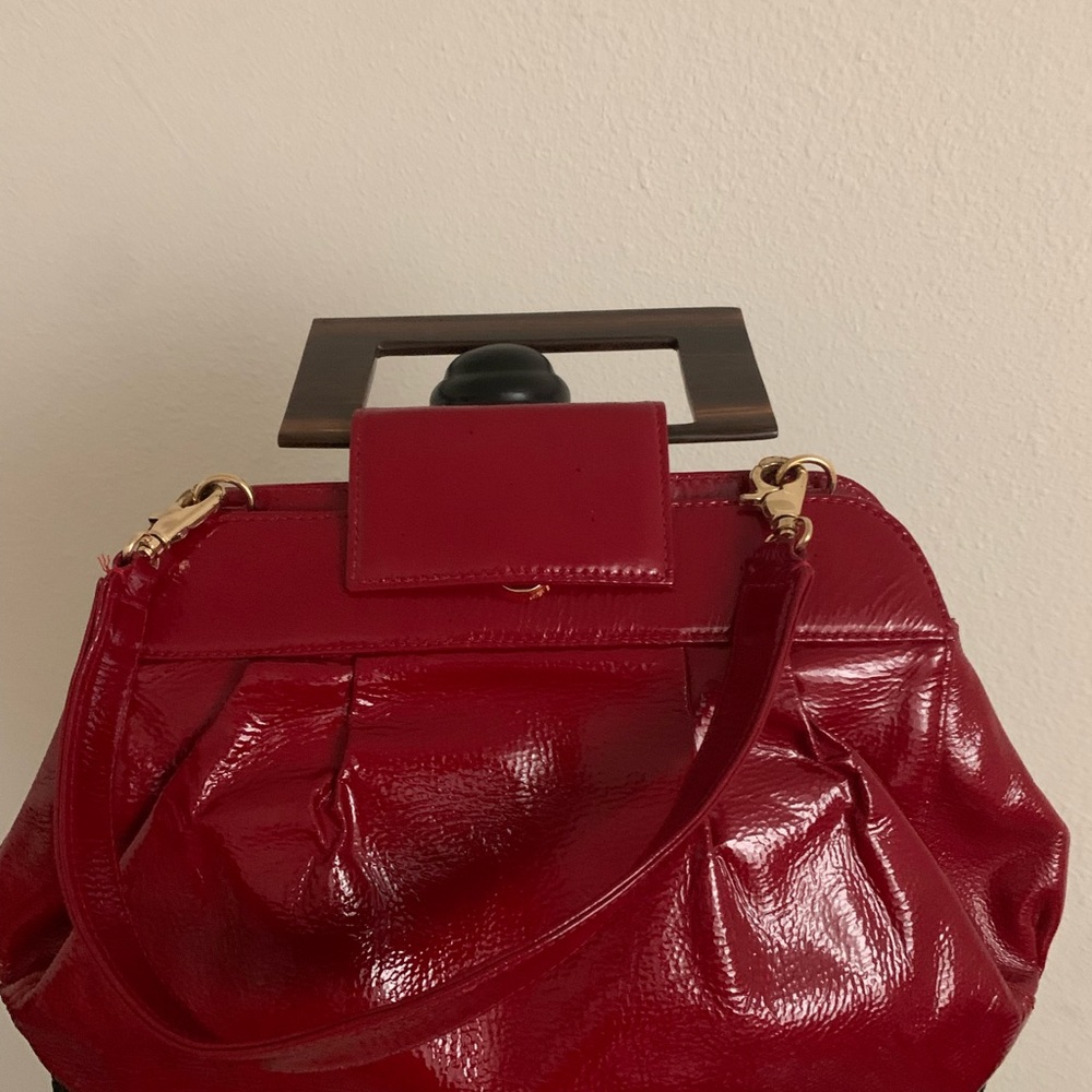 Vintage Red Patent Leather Purse W/ Wood Handle Suede Leather Lining